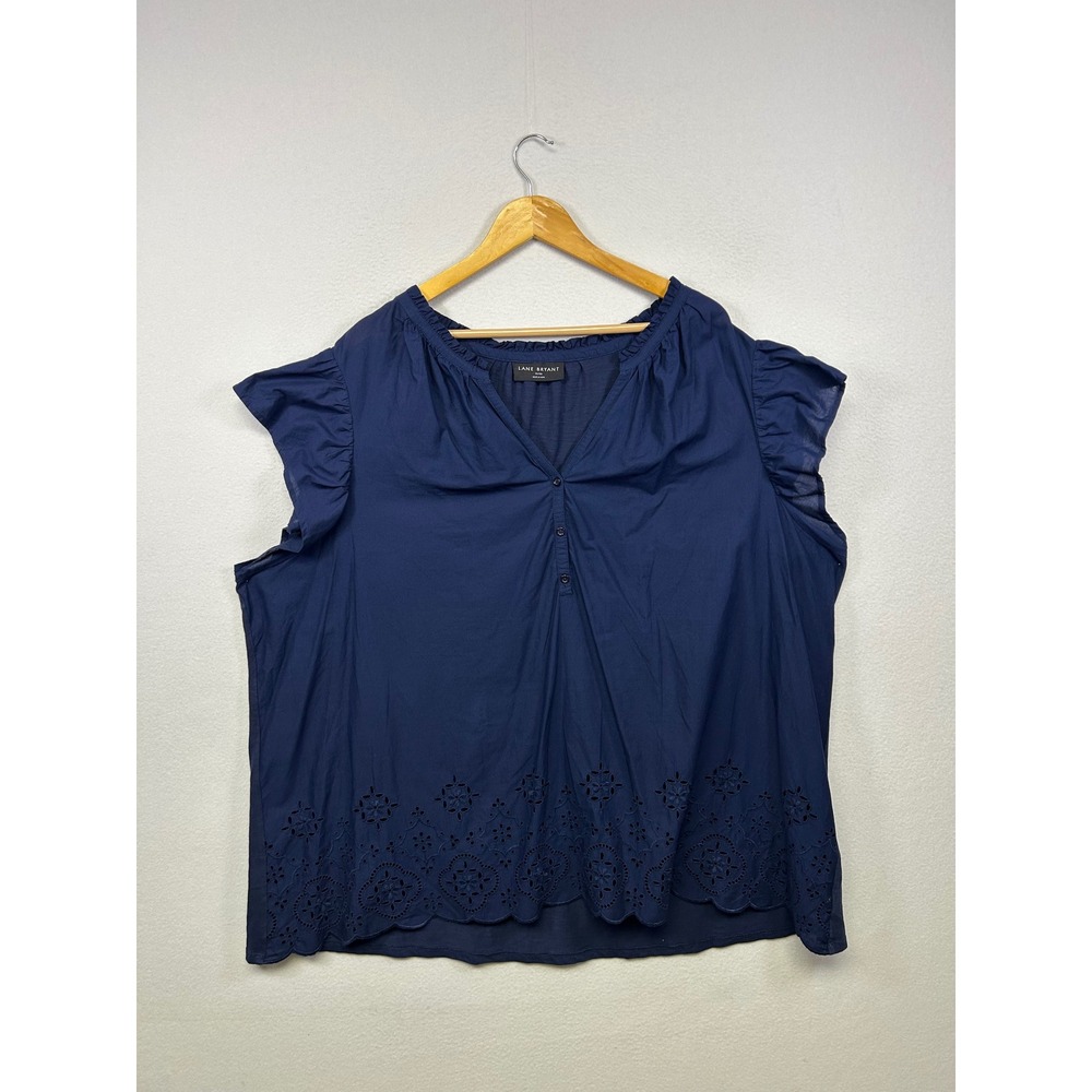 Lane Bryant Cottagecore Boho Women 26/28 Navy Blue Eyelet Ruffle Blouse